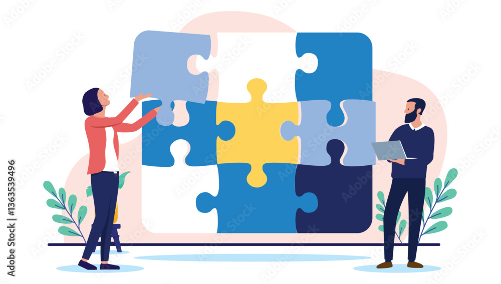 Aufkleber problem solving business puzzle - two businesspeople building and completing task together using puz
