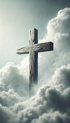 Rustic wooden cross rising above clouds symbolizing eternal faith and divine strength