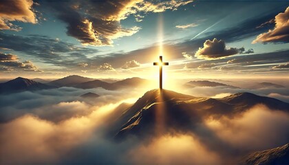 Glowing cross on mountain peak at sunrise surrounded by clouds and divine light