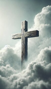 Rustic wooden cross rising above clouds symbolizing eternal faith and divine strength