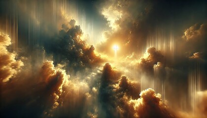 Heavenly light shining through clouds with glowing cross at golden sunrise