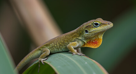 Vibrant Anole Displaying its Dewlap on a Lush Green Leaf in the Sunlight