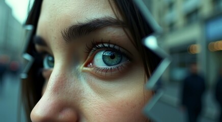 Close-up of a Woman's Eye Reflecting City Life  