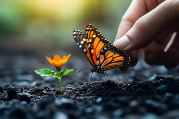 Obraz premium A gardener carefully plants vibrant flowers in a field, while a colorful butterfly lands nearby, creating a peaceful connection with nature in the warm sun Generative AI