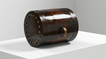 Antique Wooden Barrel with Metal Studs and Handle on Display