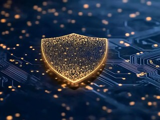 An Illuminated Electronic Shield Displayed on Circuit Board Technology