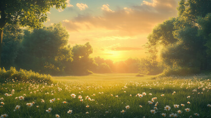 Fototapeta premium Lush landscape awakens to the golden glow of sunrise over new trees