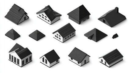 Isometric house roof styles, white background, architectural design, real estate