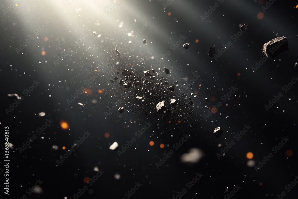 Poster dark background with illuminated debris and rocks floating in space, creating a dramatic and mysteri