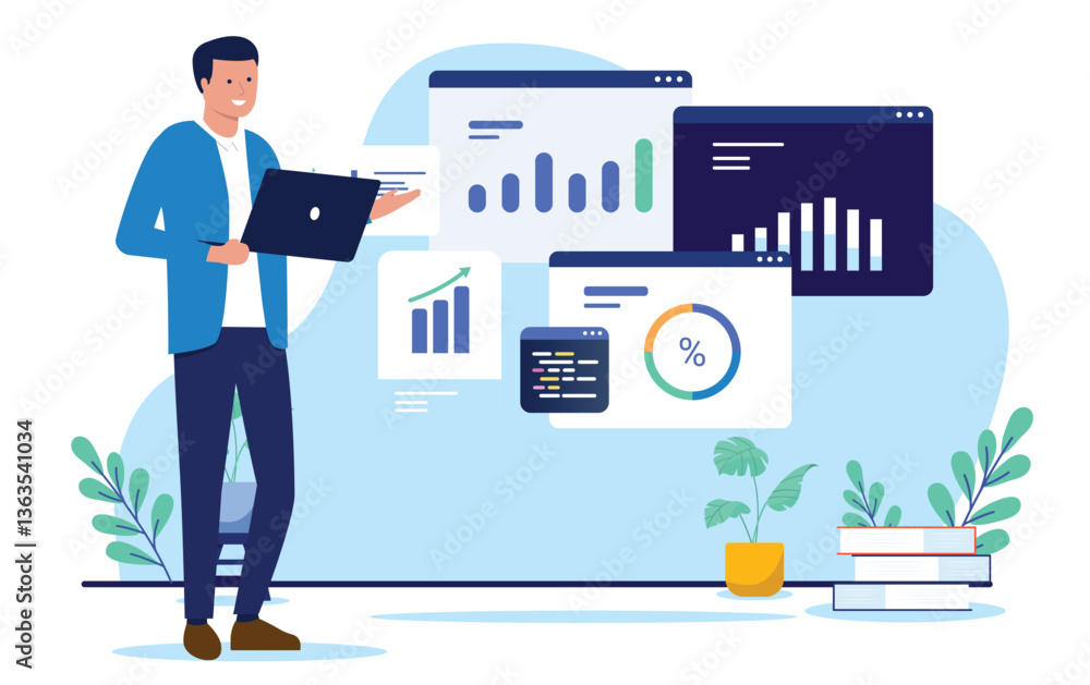 Fototapete businessman with charts and data - man in professional clothing standing working and analysing diagr