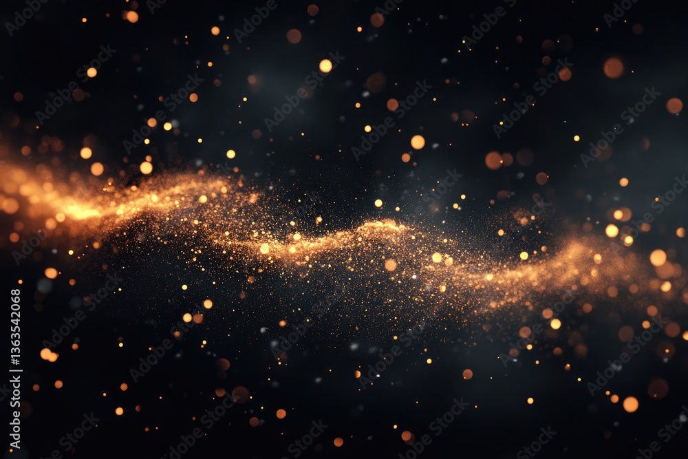 Poster golden sparkles and dust particles wave across a dark background, creating a magical and elegant eff