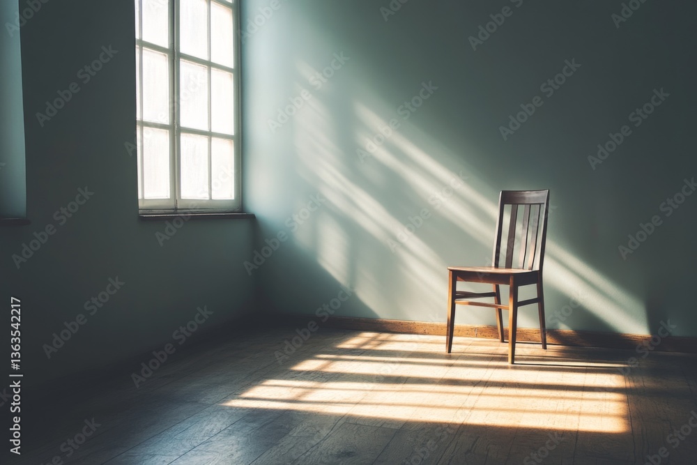 Poster soft sunlight fills the empty room, illuminating a single wooden chair cast in shadows. the atmosphe