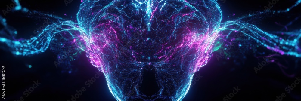 Poster futuristic neural connections depicting a human brain with glowing lines and nodes in deep blue and 