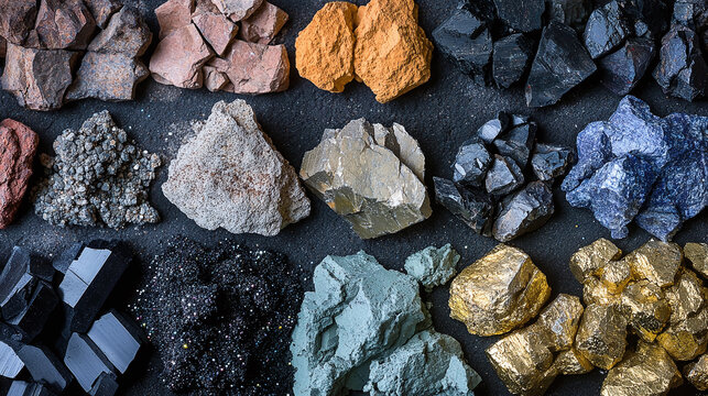 Small piles of various minerals extracted from a rare earth mine, highlighting the diversity and importance of these resources in modern industry
