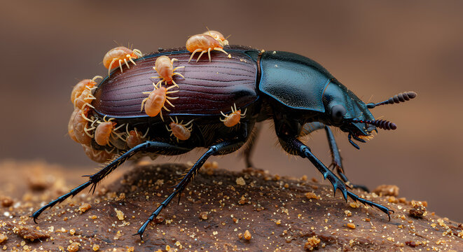 Close up photograph showcasing a burying beetle hosting phoretic mites on its carapace