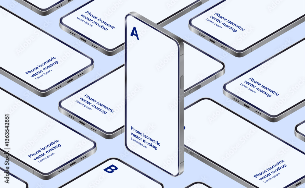 Aufkleber vector mobile phones mockup template - set or group of several unbranded smartphones in cool isometr
