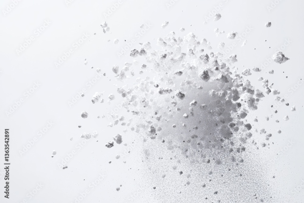 Poster white powder explosion, particles scattered against a light background, creating a dynamic visual ef
