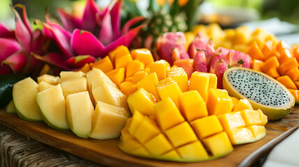 A beautifully arranged tropical fruit platter featuring fresh mangoes, papaya, and dragon fruit, styled for a luxurious brunch experience.