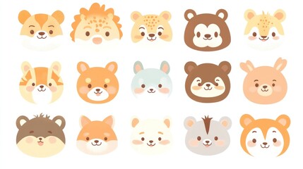 Cute animal faces; cartoon heads; digital illustration; children's book; design element