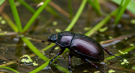 Fototapeta premium Close-up of a beetle in a wetland habitat amidst vibrant green vegetation