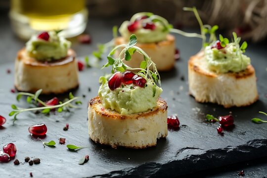 Avocado toast appetizers with pomegranate seeds and herbs on a slate board