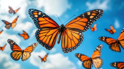 Monarch butterflies in flight against a bright blue sky with fluffy clouds.