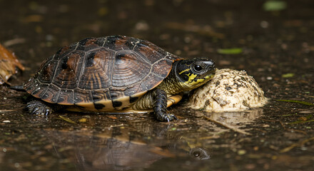 Fototapeta premium Vibrant Wood Turtle Resting Near Egg Mass Amidst a Puddle Reflecting its Image