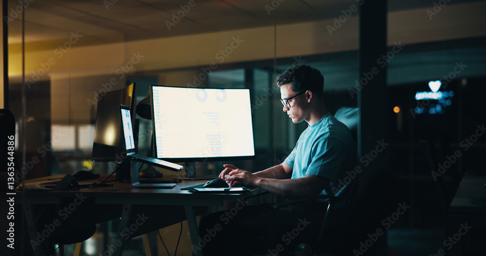 Leinwandbilder Businessman, typing and computer screen with laptop at night for testing application, UI design and code review. Web developer, person and stats chart for industry trends or system update in office
