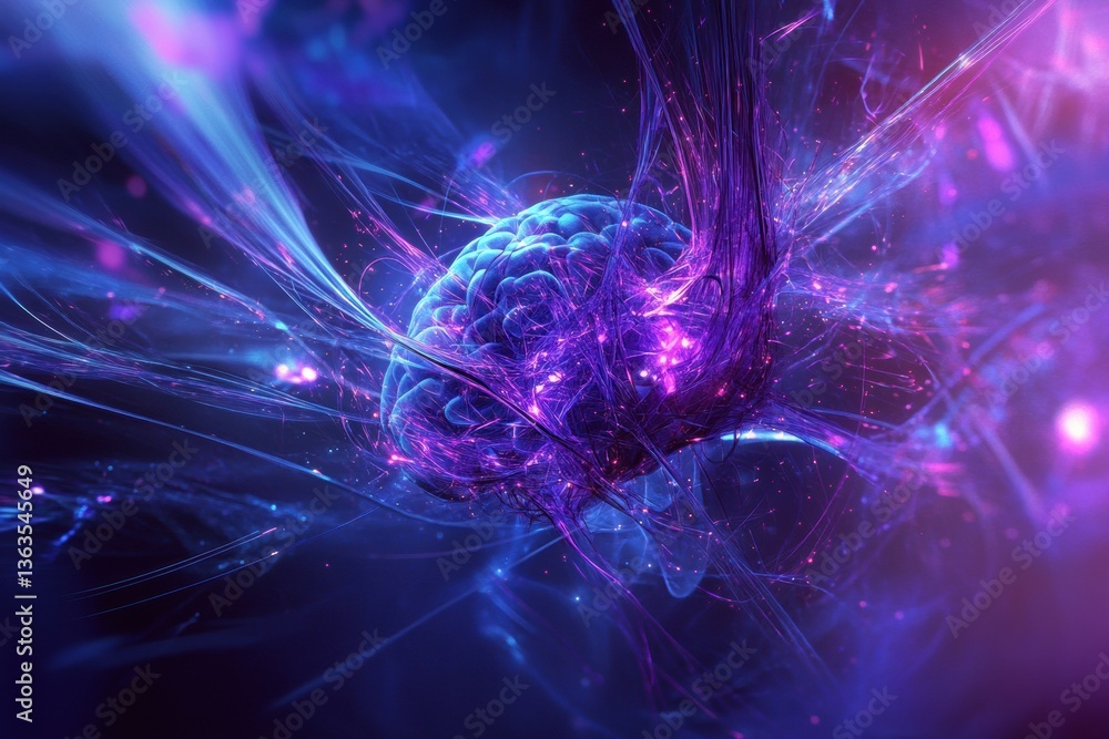 Poster exploring neural connections in a cyberpunk brain with glowing lines and deep blue tones