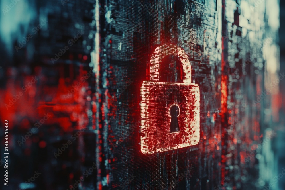 Poster a detailed close-up reveals a digital padlock icon glowing amidst a textured background. the design 