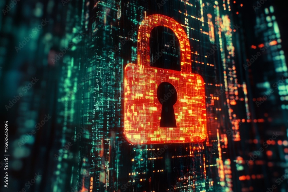 Poster a bright padlock icon is prominently displayed against a backdrop of vibrant digital data streams, h
