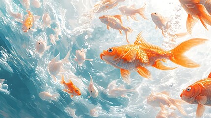 Vibrant Goldfish Swimming Underwater, A vibrant underwater scene featuring a group of orange goldfish swimming in clear blue water