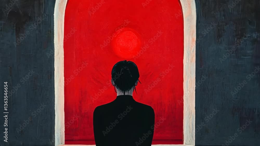 Poster figure sitting in contemplative silence before a vibrant red backdrop in an abstract setting