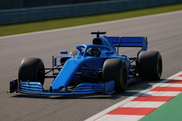 Dynamic blue race car speeding on track, capturing the excitement of motorsport and technology in action.