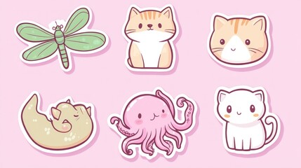 Cute cartoon animals stickers; cat, octopus, dragonfly; pink background; kids crafts