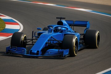 Dynamic formula 1 racing car in vibrant blue, speeding around a curved track, showcasing advanced aerodynamics and high-performance design.