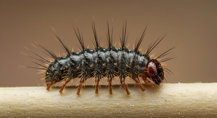 Fototapeta premium Close-up shot of a carpet beetle larva crawling on a wooden surface revealing its intricate structure