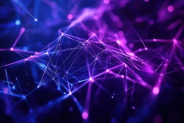 Futuristic abstraction of neural connections in the shape of a human brain with glowing lines and nodes in deep blue and purple tones