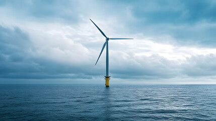 A lone offshore wind turbine spinning against the backdrop of a cloudy sky, its blades slicing through the air over the ocean.
