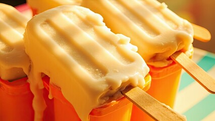 Melting vanilla popsicles rest in orange molds, dripping delicately onto a wooden surface. The creamy texture and warm lighting evoke a nostalgic summertime atmosphere, highlighting sweetness and flee