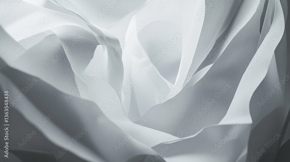 Poster abstract folded white fabric creating dynamic shapes and shadows in a monochrome composition