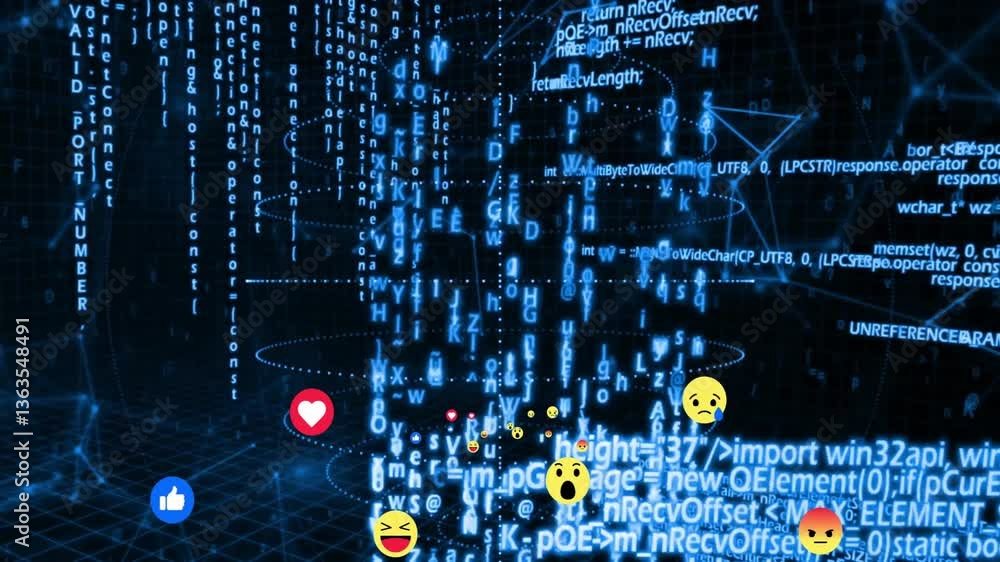 Poster animation of digital code and emojis floating in virtual reality space