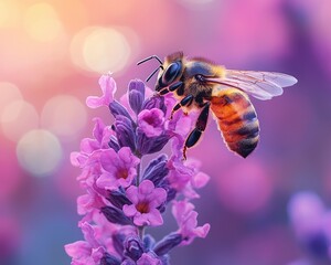 Close-up of a bee collecting nectar from vibrant lavender flowers in a colorful garden