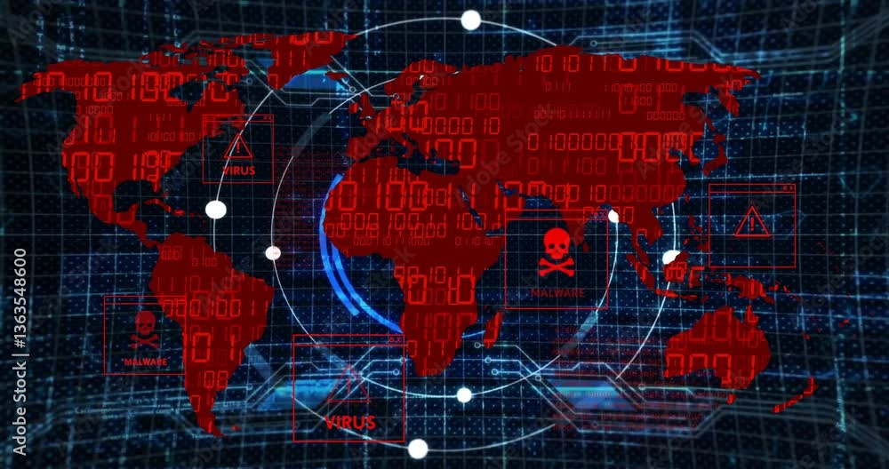 Poster animation of world map with virus warnings over digital binary code background
