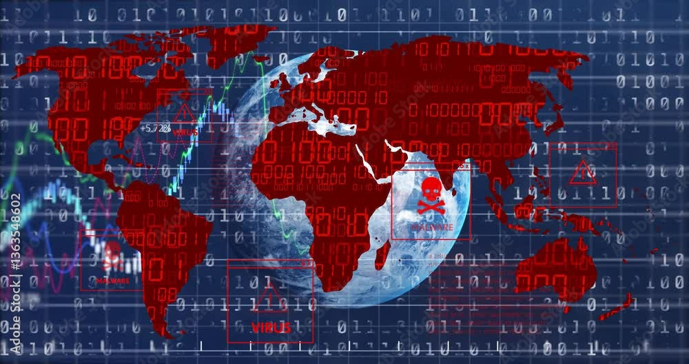 Poster digital security warnings and binary code animation overlaying world map