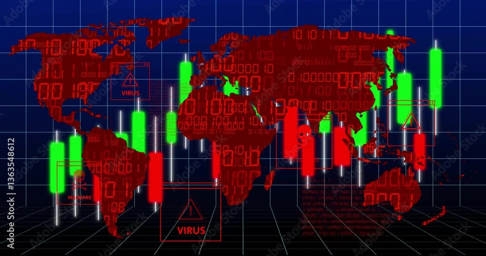 Poster animation of world map with virus alerts and financial data in school setting