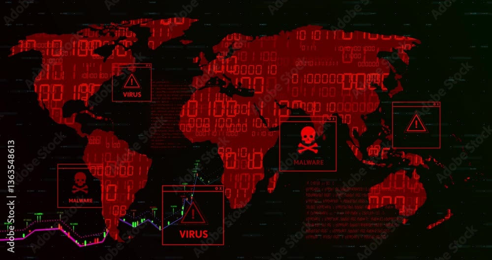Poster animation of digital world map with virus alerts in red binary code