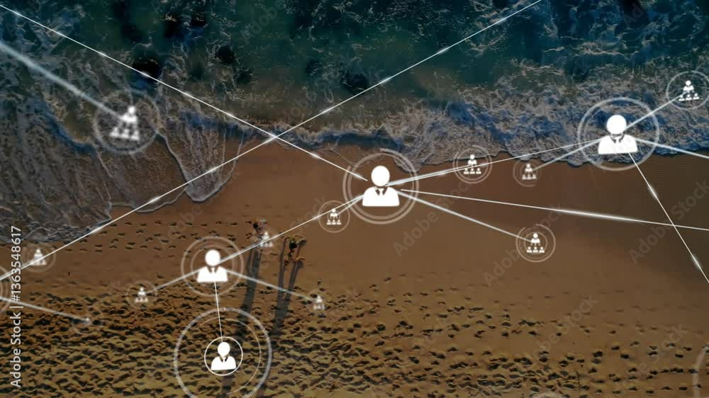 Poster network of connections and data processing animation over beach landscape