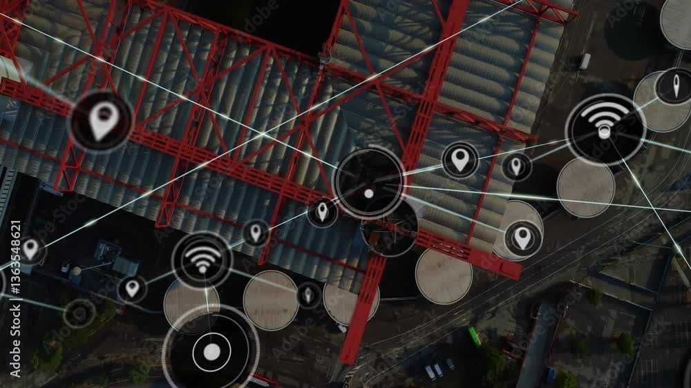 Poster network of connections and data processing animation over industrial structures