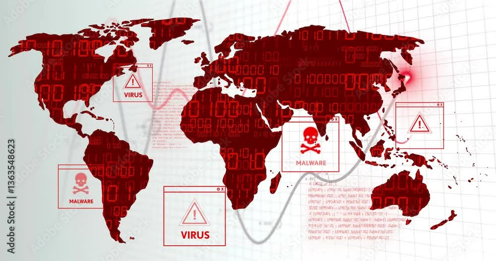 Poster animation displaying virus and malware alerts on world map with digital data overlay